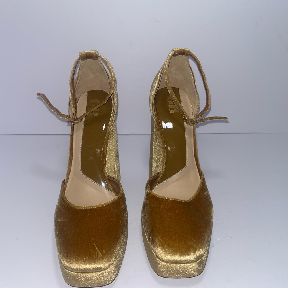 Gianni Bini Gold Velvet Ankle Strap Heels